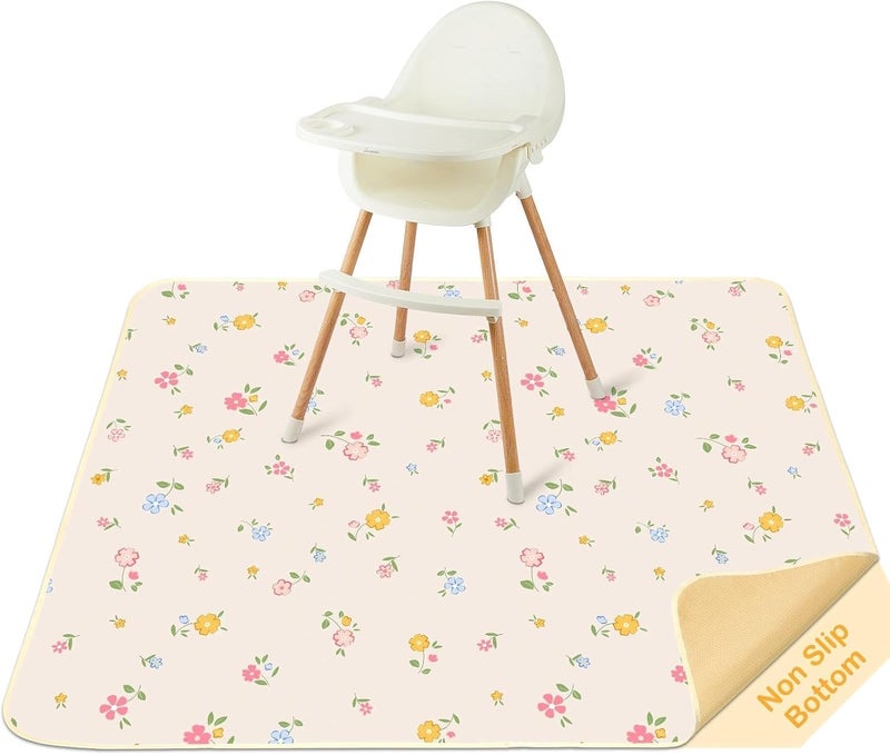 BeBeJoJo Splat Mat for Under High Chair 42 x 42 Inch Waterproof Baby Splash Mat with Non Slip Bottom Reusable Portable Highchair Mat for Floor Food Catcher for High Chair, Yellow Pink Floral - Image 1